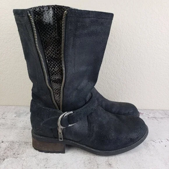 UGG Silva Moto Boots Leather Nubuck Harness Zip Slouchy Snakeskin size 9 EU 40 - Picture 3 of 15